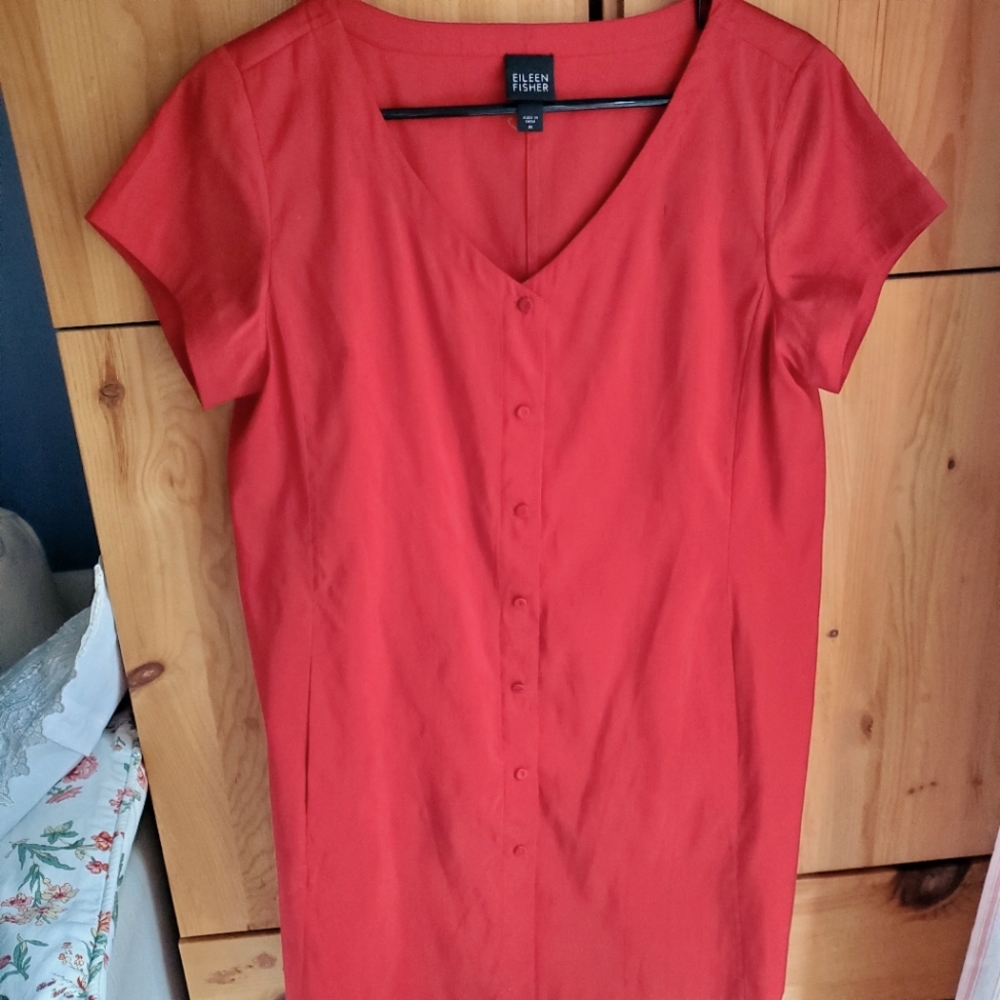 Eileen Fisher Red Silk Button Up Shift Dress Size Medium